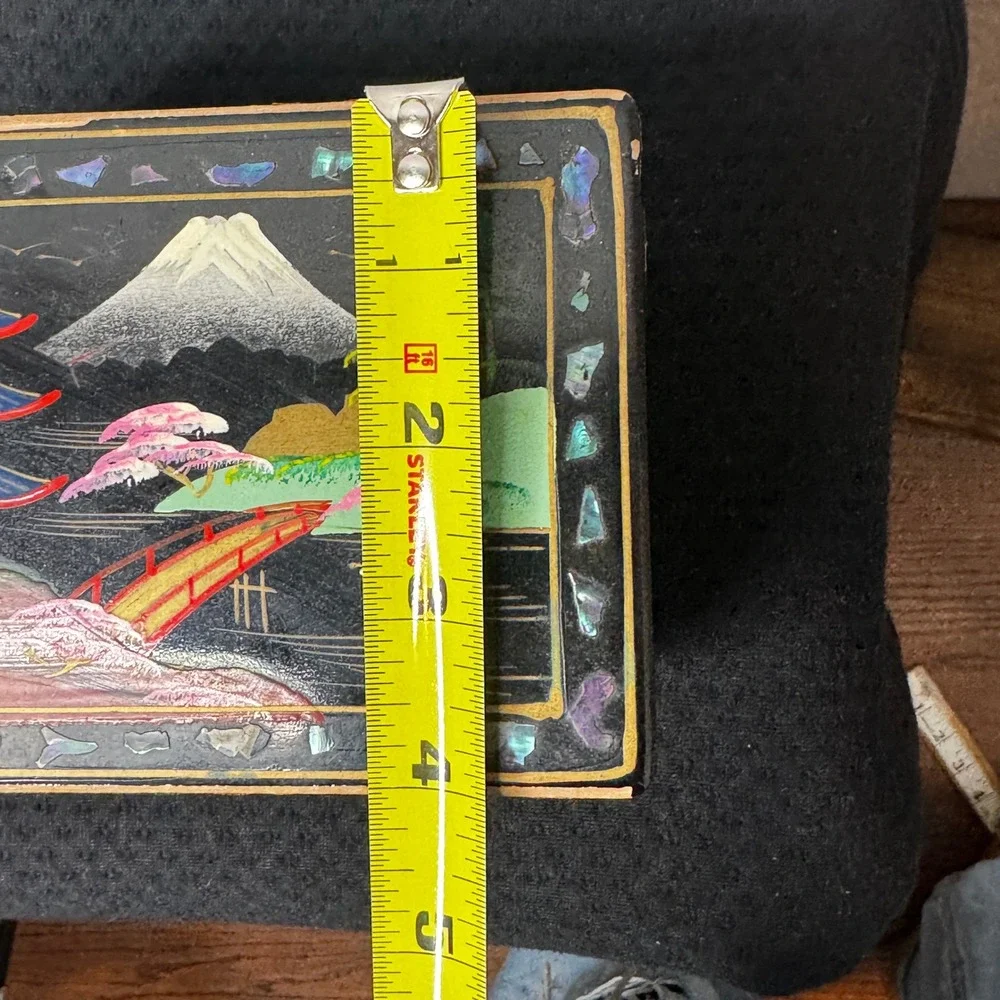 Vintage Japanese Lacquer Music Box Abalone Shell Inlay Blue Velvet Lined Mt Fugi